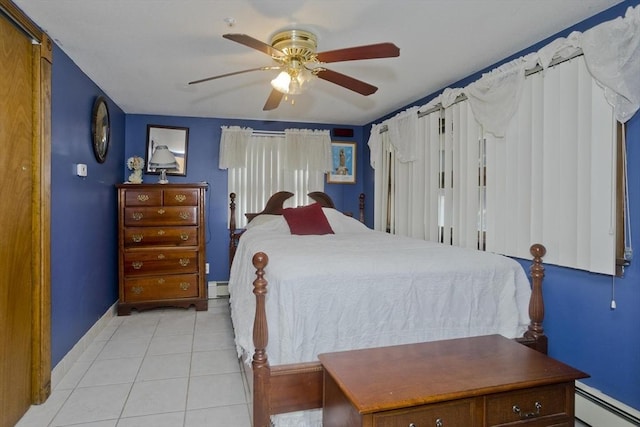 90 Westwood Ave, East Longmeadow, MA 01028 - bedroom featuring a ceiling fan, baseboards, light tile patterned floors, a baseboard radiator, and a baseboard heating unit