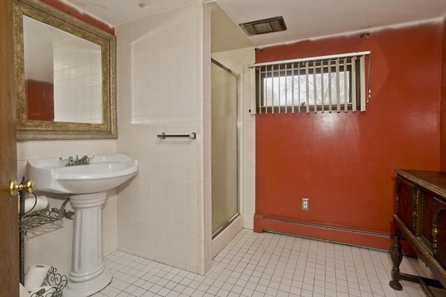 90 Westwood Ave, East Longmeadow, MA 01028 - full bath with tile patterned floors, visible vents, a baseboard radiator, and a stall shower