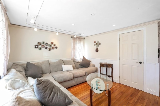 living room with light wood-style flooring, ornamental molding, and track lighting