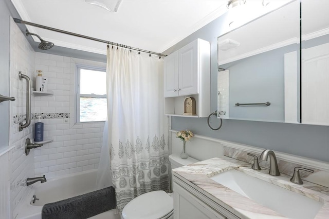 bathroom featuring crown molding, shower / bath combo, toilet, and vanity