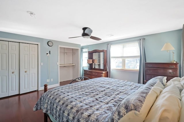 bedroom featuring wood finished floors, ceiling fan, and baseboards