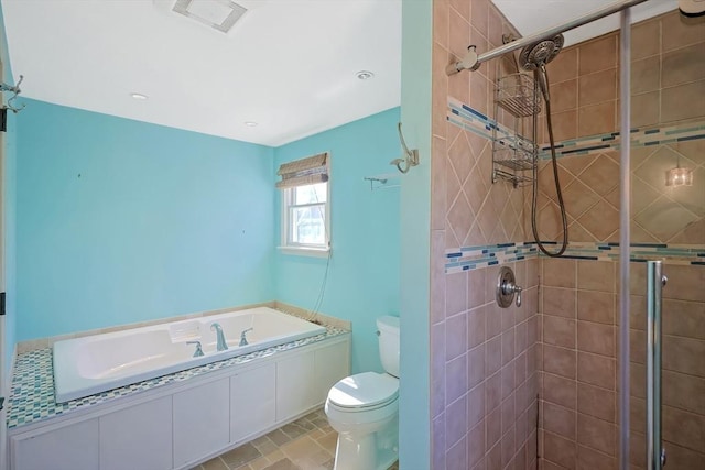 full bath with a shower stall, a bath, and toilet