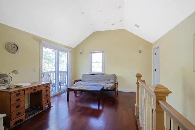 sitting room with an upstairs landing, dark wood-type flooring, vaulted ceiling, and baseboards