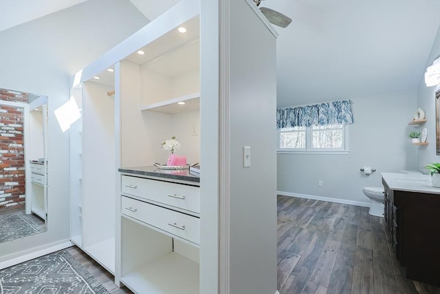 interior space with baseboards, toilet, wood finished floors, and vanity