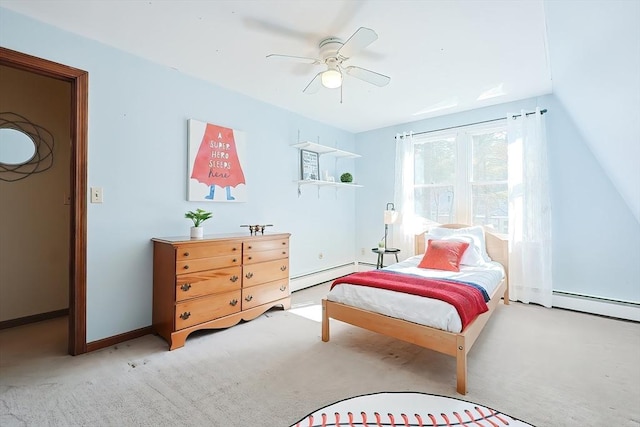 bedroom with baseboards, a ceiling fan, carpet, and a baseboard radiator