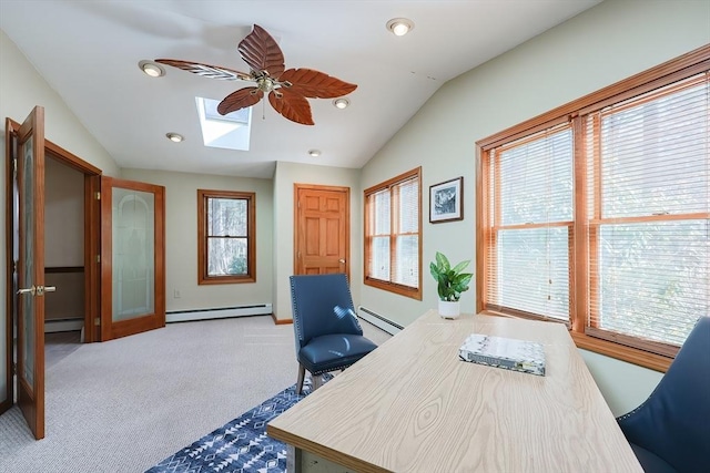 carpeted home office featuring recessed lighting, a baseboard radiator, and lofted ceiling with skylight