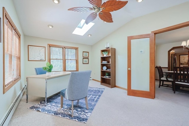 office with lofted ceiling with skylight, recessed lighting, carpet floors, baseboards, and baseboard heating