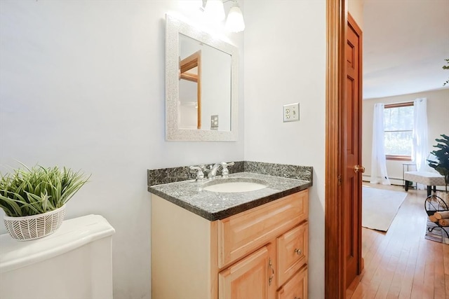 bathroom with toilet, vanity, and wood finished floors