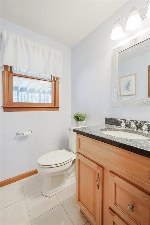 half bath featuring tile patterned flooring, toilet, and vanity