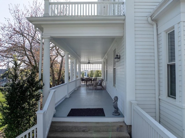 view of patio / terrace featuring a porch and ceiling fan