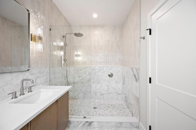 21 Ashland Unit 21, Boston, MA 02122 - full bath featuring vanity, walk in shower, and marble look tile flooring