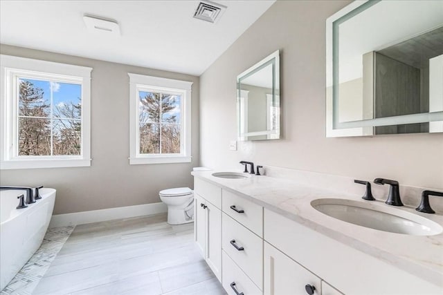 bathroom with vanity, toilet, plenty of natural light, and a bathing tub