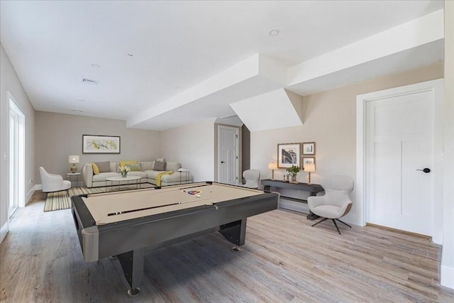 recreation room featuring light wood-type flooring and billiards