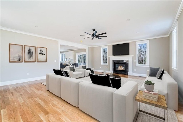 living room featuring light hardwood / wood-style flooring, ceiling fan, and ornamental molding