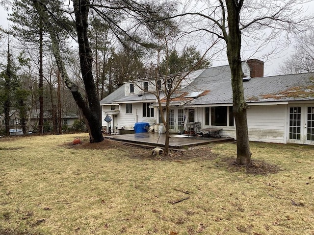 101 Highfields Rd, Abington, MA 02351 - rear view of property with french doors, a lawn, a chimney, and a patio area