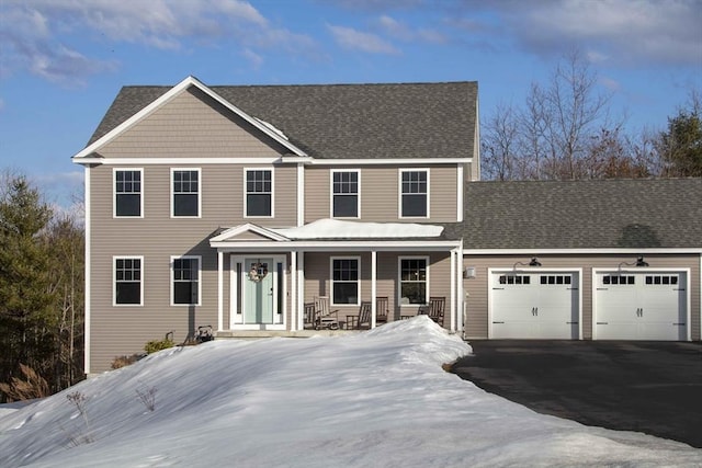 colonial-style house featuring a garage, covered porch, roof with shingles, and aphalt driveway