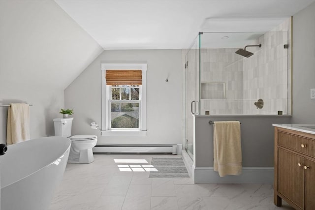 bathroom featuring a freestanding bath, baseboard heating, a stall shower, vanity, and marble finish floor