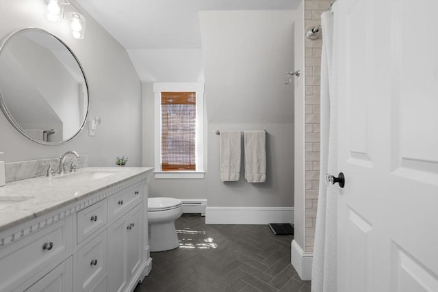 bathroom featuring a shower with curtain, baseboard heating, vanity, baseboards, and toilet