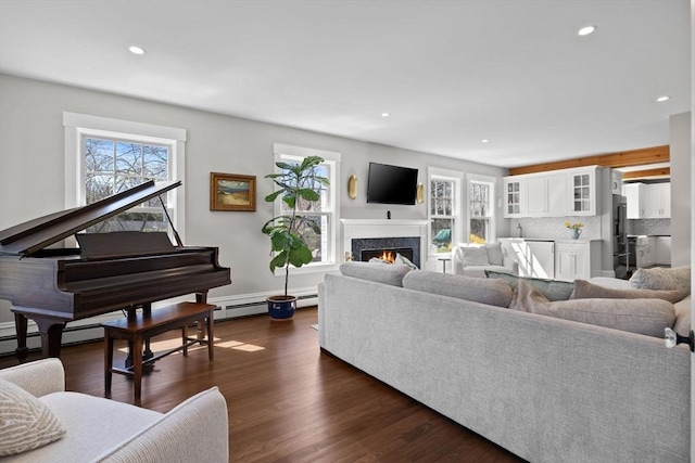 living room with dark wood-style flooring, a fireplace, and recessed lighting