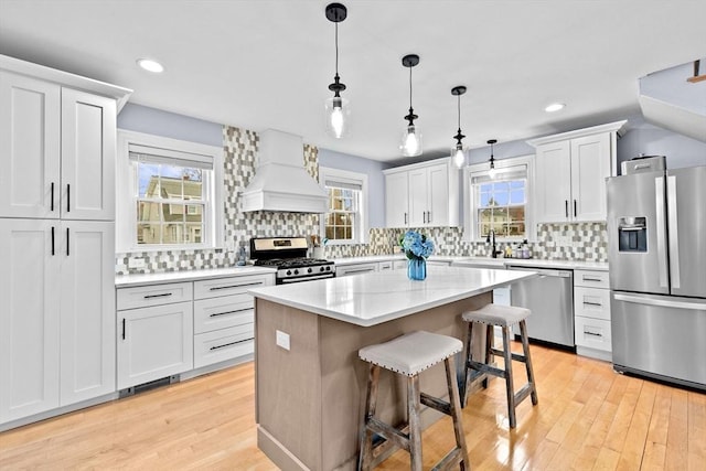 kitchen featuring stainless steel appliances, white cabinetry, and custom exhaust hood