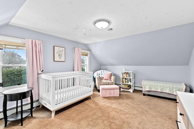 bedroom featuring a baseboard radiator, vaulted ceiling, and carpet flooring