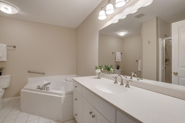 full bathroom with tile patterned flooring, vanity, toilet, and separate shower and tub