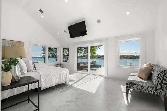 bedroom with high vaulted ceiling, marble finish floor, access to outside, and visible vents