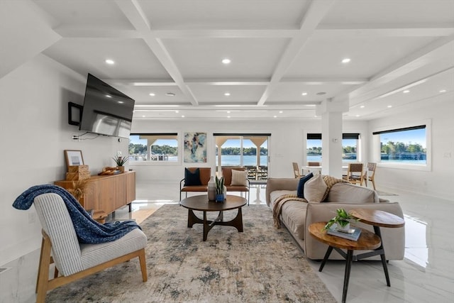 living area featuring beam ceiling, coffered ceiling, and recessed lighting