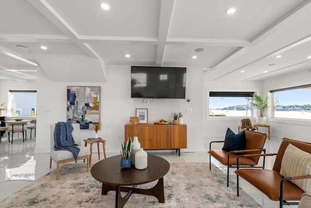 living area featuring recessed lighting, beam ceiling, coffered ceiling, and marble finish floor