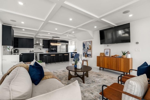 living room with recessed lighting, coffered ceiling, and beam ceiling