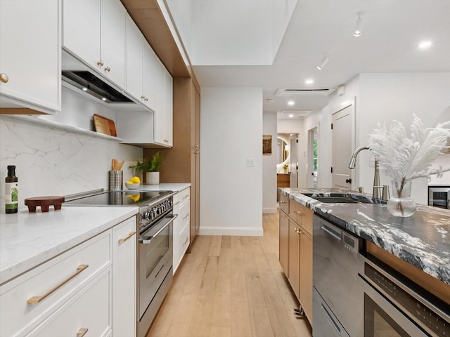 20 Putnam St Unit 2, Somerville, MA 02143 - kitchen featuring stainless steel appliances, under cabinet range hood, backsplash, light stone countertops, and light wood-style flooring