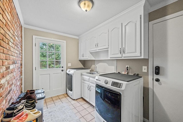 laundry area with cabinets, brick wall, light tile patterned floors, ornamental molding, and sink