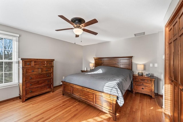 bedroom featuring multiple windows, a closet, ceiling fan, and light wood-type flooring