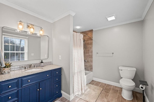 full bathroom with toilet, shower / bath combo with shower curtain, crown molding, and vanity