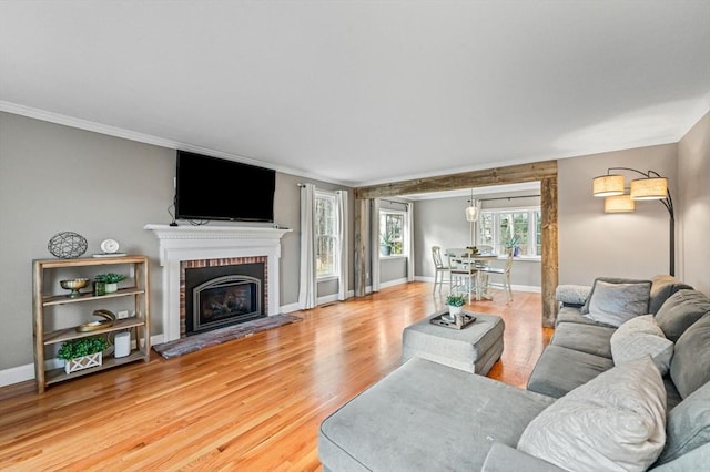 living room with a fireplace and wood-type flooring