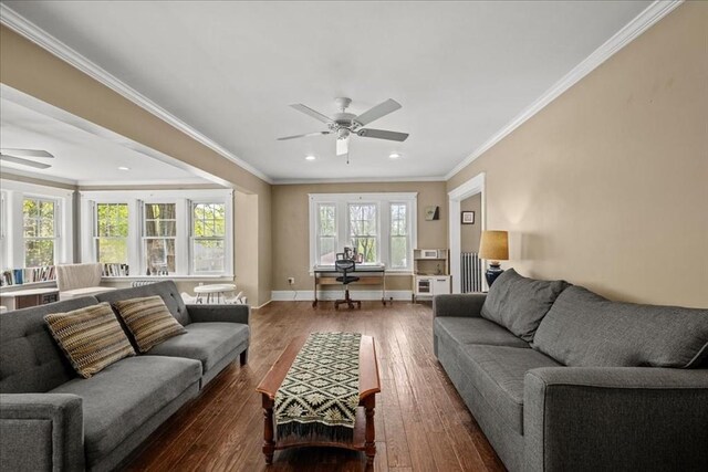 living room featuring baseboards, ceiling fan, wood-type flooring, and ornamental molding