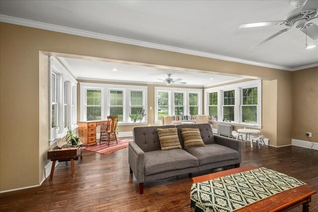 living room with crown molding, a ceiling fan, and hardwood / wood-style flooring
