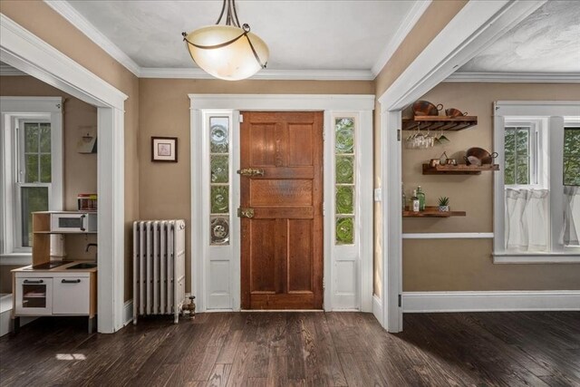 entryway featuring crown molding, baseboards, dark wood finished floors, and radiator heating unit