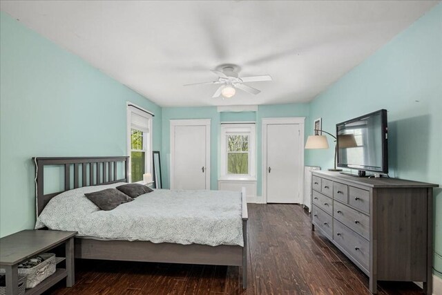 bedroom with multiple closets, ceiling fan, and dark wood-style floors