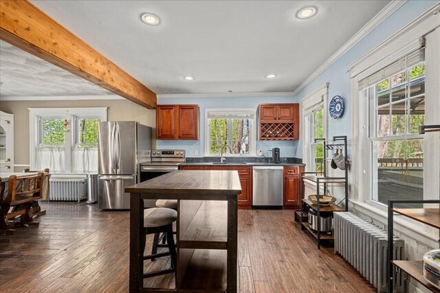 kitchen with crown molding, radiator, dark countertops, and stainless steel appliances