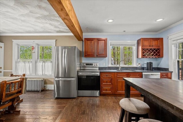 kitchen featuring radiator heating unit, appliances with stainless steel finishes, dark countertops, and a sink
