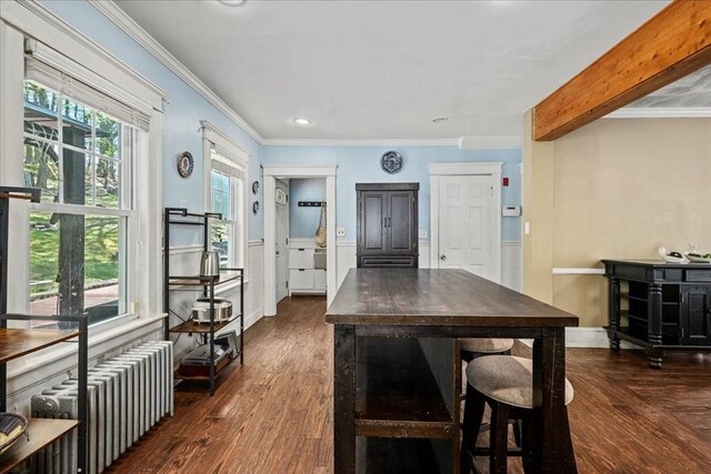dining room featuring radiator, ornamental molding, dark wood finished floors, and beam ceiling