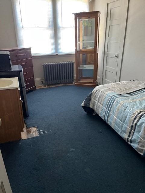 carpeted bedroom featuring radiator heating unit