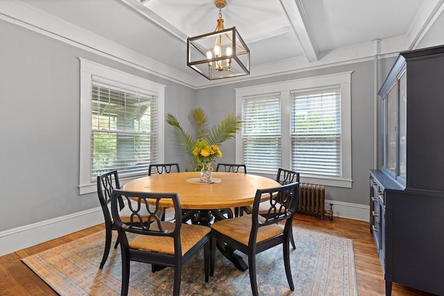 20 Saint Elmo Rd, Worcester, MA 01602 - dining area with light wood-style floors, beamed ceiling, a chandelier, coffered ceiling, and baseboards