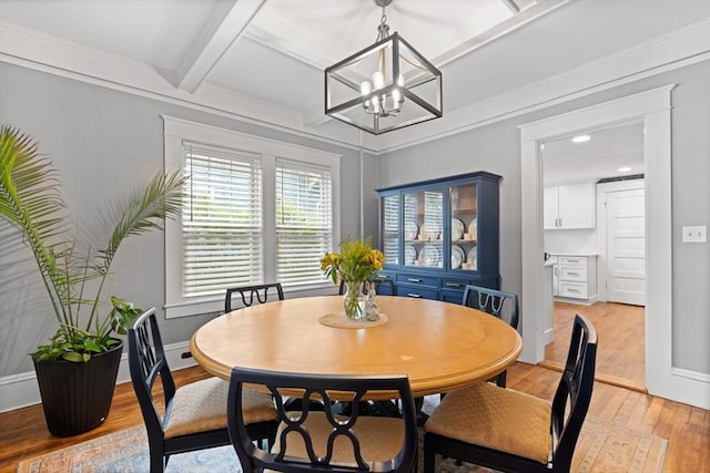 20 Saint Elmo Rd, Worcester, MA 01602 - dining area with light wood-style flooring, a chandelier, beam ceiling, coffered ceiling, and recessed lighting