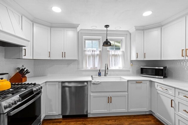 20 Saint Elmo Rd, Worcester, MA 01602 - kitchen with appliances with stainless steel finishes, custom range hood, a sink, decorative backsplash, and white cabinetry