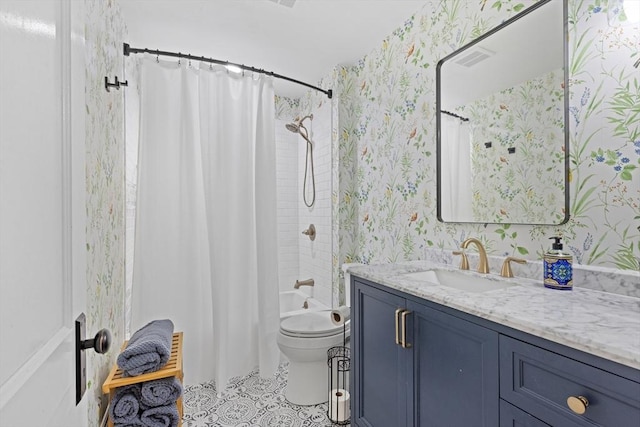 20 Saint Elmo Rd, Worcester, MA 01602 - bathroom with wallpapered walls, vanity, toilet, shower / bath combination with curtain, and tile patterned floors