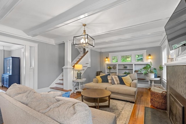 20 Saint Elmo Rd, Worcester, MA 01602 - living room with hardwood / wood-style flooring, stairway, a chandelier, beam ceiling, and crown molding