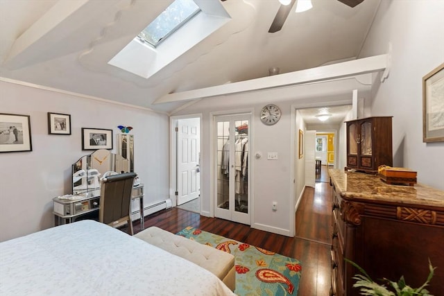 44 Drexel St, Worcester, MA 01602 - bedroom featuring a skylight, wood finished floors, vaulted ceiling, a ceiling fan, and a baseboard radiator