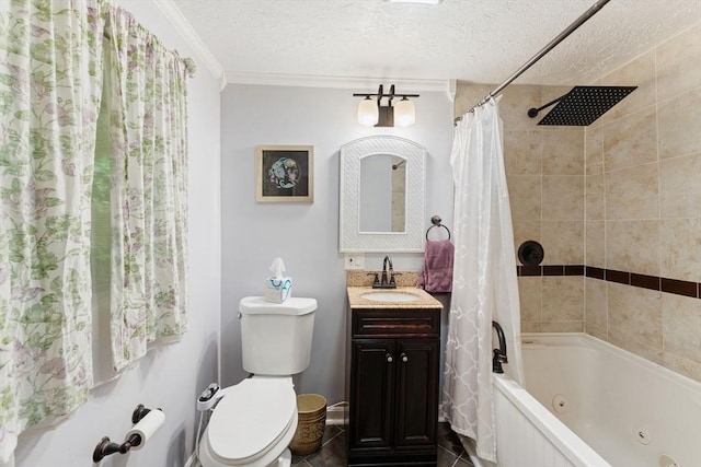 44 Drexel St, Worcester, MA 01602 - full bath with vanity, toilet, a combined bath / shower with jetted tub, a textured ceiling, and crown molding